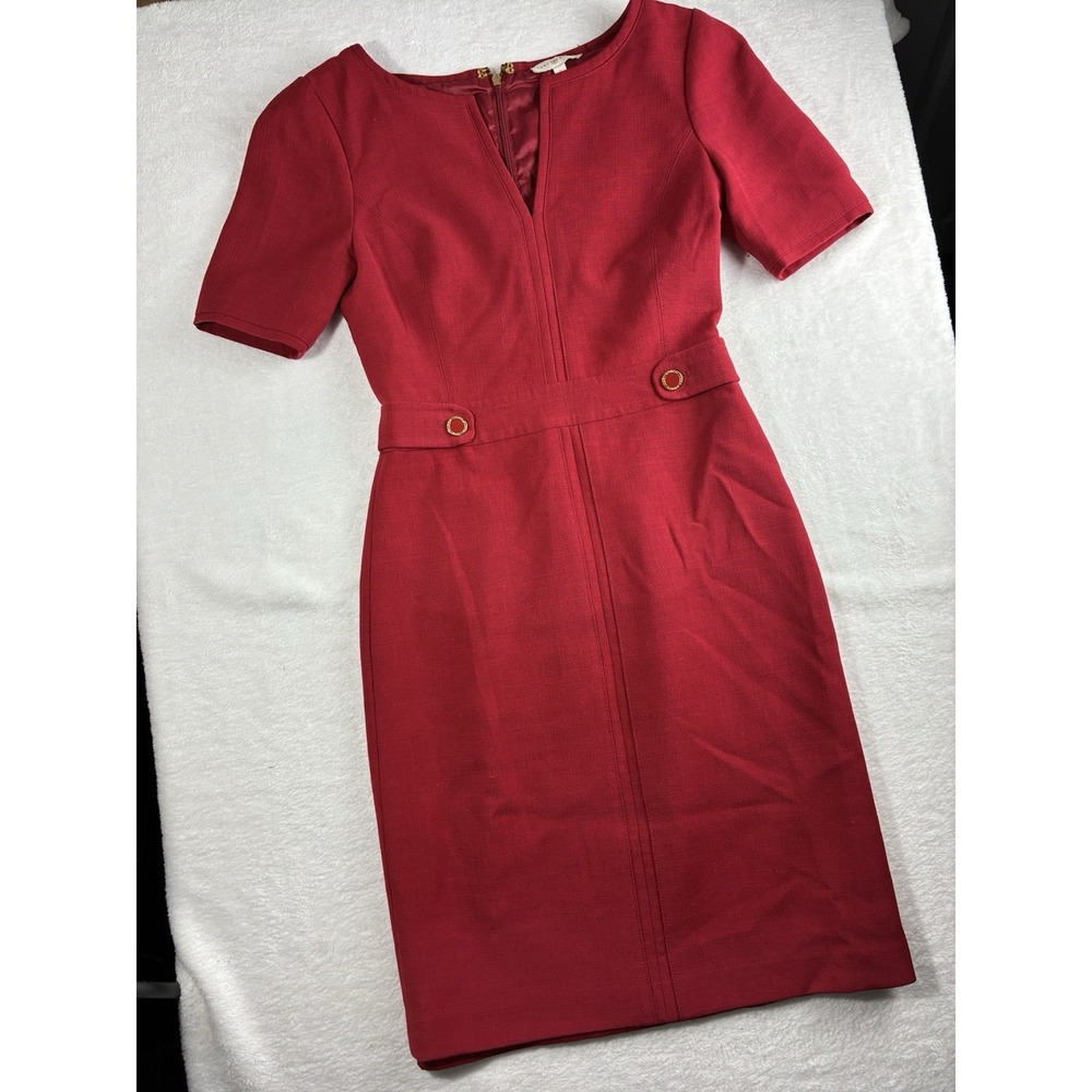 Tory Burch Lydia Sheath Dress Womens 2 Red V-Neck Short Sleeve Work Office Midi - Picture 2 of 11